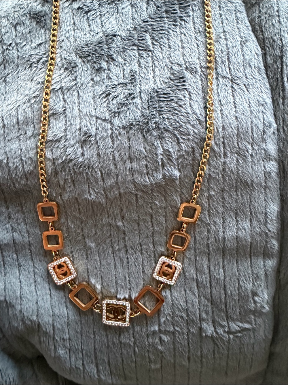 Gold Tone Square-Link Necklace w Crystal Accents, Stainless, fashion jewelry